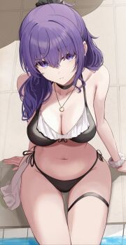 1girl asahina_mafuyu bikini black_bikini black_choker black_scrunchie blue_eyes breasts choker collarbone hair_ornament hair_scrunchie highres jewelry kunizaki large_breasts long_hair looking_at_viewer navel necklace ponytail project_sekai purple_hair scrunchie side-tie_bikini_bottom solo swimsuit thigh_strap white_scrunchie wrist_scrunchie