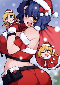 3girls :d ass belt belt_pouch black_belt blonde_hair blue_hair blurry blurry_background blush blush_stickers breasts brown_eyes cape chibi christmas christmas_tree commentary_request dot_nose eyelashes forehead from_behind fur-trimmed_cape fur-trimmed_gloves fur-trimmed_tube_top fur_trim gloves hair_ribbon hat huge_breasts idolmaster idolmaster_million_live! idolmaster_million_live!_theater_days korean_commentary kwaejina long_hair looking_at_viewer looking_back midriff momose_rio multiple_girls night one_eye_closed open_mouth outdoors parted_bangs pouch red_ribbon red_skirt red_tube_top ribbon santa_costume santa_hat shinomiya_karen short_hair sidelocks skirt smile snow strapless toyokawa_fuka tube_top wavy_hair