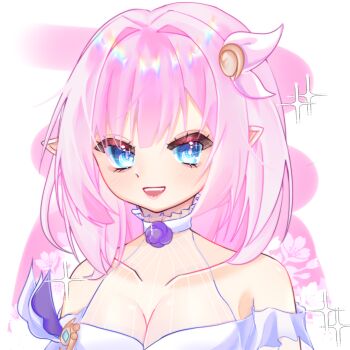 1girl blonde_hair breasts chinese_commentary cleavage collarbone commentary_request dress elf elysia_(honkai_impact) hair_ornament honkai_(series) honkai_impact_3rd large_breasts long_hair looking_at_viewer official_alternate_costume open_mouth pink_hair pointy_ears smile solo upper_body very_long_hair white_dress yingjingxue90662