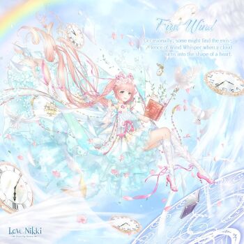 Rule 34 | 1girl, absurdly long hair, ankle flower, ankle ribbon, artist request, bare shoulders, bird, blue dress, blue sky, book, bow, character name, chest jewel, choker, clock, copyright logo, dot nose, dove, dress, english text, first wind (miracle nikki), floating, floating clothes, flower, frilled wrist cuffs, frills, full body, gem, gold choker, gown, grey hair, hair bow, hair flower, hair ornament, happy, high heels, holding, holding book, kneehighs, lace socks, leg ribbon, light blush, logo, long dress, long hair, looking at viewer, magic circle, miracle nikki, nikki (series), official art, open book, open mouth, petals, pink bow, pink gem, pink hair, pink ribbon, pink shoes, pocket watch, rainbow, ribbon, shoes, sky, smile, socks, solo, stiletto heels, tareme, teeth, third-party source, twintails, two-tone dress, upper teeth only, very long hair, waist bow, watch, wavy hair, white dress, white flower, white socks, white wrist cuffs, wrist cuffs