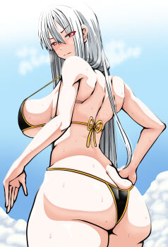 1girl ass bikini blush breasts bright_pupils butt_crack highres huge_breasts imagawa_akira large_breasts long_hair looking_at_viewer looking_back pale_skin red_eyes selvaria_bles senjou_no_valkyria senjou_no_valkyria_(series) senjou_no_valkyria_1 skindentation solo swimsuit very_long_hair wide_hips