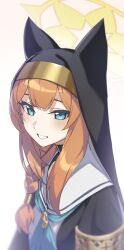 Rule 34 | 1girl, black hat, blue archive, blue eyes, blush, controlline3, dress, gradient background, grin, habit, halo, hat, highres, korean commentary, long hair, looking at viewer, mari (blue archive), nun, sailor collar, simple background, smile, solo, upper body, white sailor collar