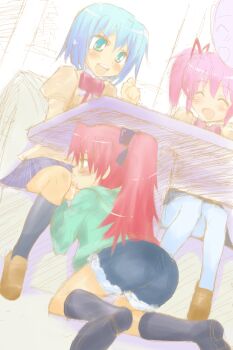 >:) >:d 10s 1futa 2girls :d ^_^ ass bad_id bad_pixiv_id blue_eyes blue_hair blush bow brown_eyes cafe closed_eyes clothed_sex clueless cum cum_in_mouth denim denim_shorts fellatio from_below futa_with_female futanari hair_bow hair_ribbon hood hoodie indoors kaname_madoka kneeling leaning_forward loafers long_hair mahou_shoujo_madoka_magica miki_sayaka miniskirt misfit_funny multiple_girls open_mouth oral pantyhose penis pink_hair ponytail puffy_sleeves red_hair ribbon sakura_kyoko school_uniform shoes short_hair short_twintails shorts sitting sketch skirt smile socks spread_legs stealth stealth_sex twintails under_table v-shaped_eyebrows