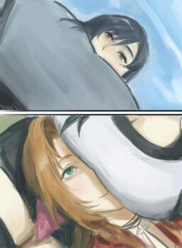 2girls aerith_gainsborough breast_shadow breast_smother breasts face_to_breasts female_pov final_fantasy final_fantasy_vii frieren_lap_pillow_(meme) huge_breasts large_breasts lying_on_lap multiple_girls pov shadow smile sousou_no_frieren sports_bra square_enix tank_top thighs tifa_lockhart yuri