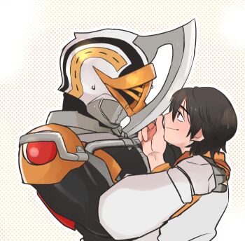 Rule 34 | 2boys, armor, axe, axe blade, brown eyes, brown hair, coat, helmet, holding, kamen rider, kamen rider den-o, kamen rider den-o (series), kintaros, looking at another, male focus, mask, masked, masked male, multiple boys, muscular, muscular arms, muscular male, nogami ryoutarou, scarf, short hair, size difference, smile, sweat, sweatdrop, teasing, touching face, white coat, yaoi, yellow armor