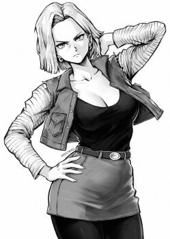 Rule 34 | 1girl, android 18, breasts, cleavage, collarbone, denim, dragon ball, dragonball z, earrings, greyscale, highres, jacket, jewelry, large breasts, long sleeves, looking at viewer, miss faves, monochrome, pantyhose, photo-referenced, shirt, short hair, simple background, skirt, solo