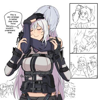 5girls absurdres ak-12_(girls'_frontline) ak-15_(girls'_frontline) an-94_(girls'_frontline) angelia_(girls'_frontline) artist_name black_gloves black_nails blush breasts closed_mouth commentary english_commentary english_text girls'_frontline gloves grey_hair highres load_bearing_equipment multiple_girls open_mouth partially_fingerless_gloves rpk-16_(girls'_frontline) simple_background smile speech_bubble twitter_username white_background white_hair yuri zanqi