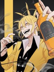 Rule 34 | 1boy, alcohol, asymmetrical hair, beer, blonde hair, collarbone, delisaster, earrings, electronic cigarette, facial mark, grin, highres, jacket, jewelry, long sleeves, mashle, popped collar, smile, smoke, solo, teeth, upper body, yellow eyes, yellow jacket, yu 0201e