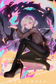 1boy absurdres androgynous ankle_boots belt bishounen black_nails black_pants boots crossdressing crossdressing_(mtf) earrings fire foreshortening green_hair high_heel_boots high_heels highres jewelry lace-up_boots lio_fotia looking_at_viewer male_focus nail_polish open_mouth pants ponytail promare purple_eyes pyrokinesis ribbon see-through_clothes short_hair solo ziiiing