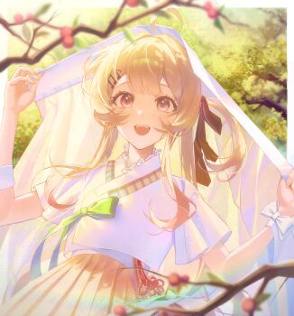 1girl ahoge berry blonde_hair blurry border bow branch brown_skirt commentary depth_of_field fortissimo green_bow hair_ornament hair_ribbon highres hololive hololive_dev_is long_hair looking_at_viewer musical_note musical_note_hair_ornament one_side_up open_mouth otonose_kanade outdoors pink_eyes ribbon roha_(2r0ha1745) shirt short_sleeves skirt smile solo teeth upper_teeth_only virtual_youtuber white_border white_shirt