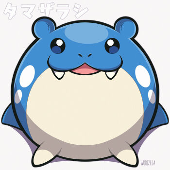 animal_focus bright_pupils commentary english_commentary gen_3_pokemon highres looking_at_viewer nintendo no_humans nostrils open_mouth pokemon pokemon_(creature) signature simple_background solo spheal translation_request white_pupils woofzilla
