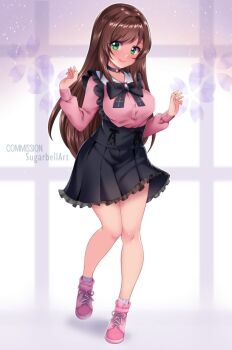 Rule 34 | 1girl, black bow, black skirt, blush, bow, breasts, brooch, brown hair, choker, commission, floral background, gem, gradient background, green eyes, heart, heart choker, jewelry, light particles, long hair, long sleeves, looking at viewer, medium breasts, original, pink shirt, pink shoes, purple background, purple gem, shirt, shoes, skirt, smile, sneakers, socks, standing, sugarbell, suspender skirt, suspenders, white socks