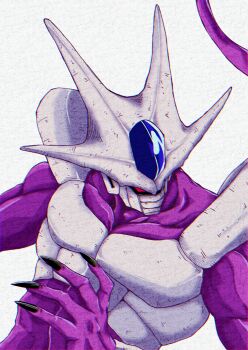 Rule 34 | 1boy, absurdres, armor, biceps, black nails, breastplate, colored skin, commentary request, cooler (dragon ball), cooler (fifth form) (dragon ball), dragon ball, dragonball z, fingernails, forehead jewel, highres, horns, looking to the side, mask, mokorakugaki, mouth mask, muscular, muscular male, no pupils, purple skin, red eyes, sharp fingernails, shoulder armor, simple background, solo, tail, white background