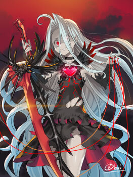 1girl alternate_skin_color artist_name black_choker black_dress blue_hair choker commentary corruption cowboy_shot dark_persona detached_sleeves dress gluteal_fold granblue_fantasy grin highres holding holding_sword holding_weapon long_hair looking_at_viewer lyria_(granblue_fantasy) nail_polish obui pale_skin puppet_strings red_background red_nails signature sleeveless smile string string_of_fate sword thighs torn_clothes very_long_hair weapon