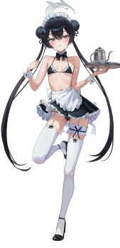 1girl alternate_costume anklet apron bare_shoulders bikini black_bikini black_bow black_bowtie black_hair black_panties black_ribbon black_shoes black_skirt blue_archive blush bowtie breasts butterfly_hair_ornament cameltoe collar collarbone commentary detached_collar double_bun enmaided frilled_apron frilled_bikini frilled_collar frilled_hairband frilled_headwear frilled_skirt frilled_thigh_strap frills full_body garter_belt garter_straps gluteal_fold grey_eyes grey_halo hair_between_eyes hair_bun hair_ornament hair_ribbon hairband half-closed_eyes halo hands_up high_heels highres holding holding_tray iino_(isnyong) jewelry kettle kisaki_(blue_archive) leg_up loli long_hair looking_at_viewer maid maid_bikini maid_headdress navel panties parted_lips ribbon shoes simple_background skirt small_breasts solo standing standing_on_one_leg stomach swimsuit tea_kettle teapot thigh_strap thighhighs tray twintails unconventional_maid underboob underwear very_long_hair white_apron white_background white_garter_straps white_hairband white_thighhighs white_wrist_cuffs wrist_cuffs zettai_ryouiki