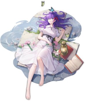 1girl barefoot blue_butterfly book bug butterfly collared_dress dress fate/stay_night fate_(series) flower full_body green_butterfly hair_between_eyes hair_ribbon heaven's_feel highres holding holding_flower insect long_hair looking_at_viewer lying mahjong_soul matou_sakura official_art on_back open_book parted_lips poodle purple_eyes purple_hair red_ribbon ribbon short_sleeves solo transparent_background white_dress