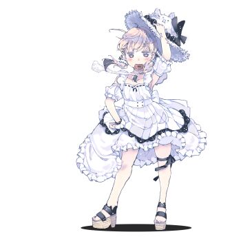 Rule 34 | 1girl, absurdres, blonde hair, detached sleeves, donut, dress, food, food in mouth, frilled dress, frills, full body, ganges gawa, hat, highres, jitome, kimuraya anko, looking at viewer, low twintails, medium hair, platform sandals, sandals, simple background, solo, straw hat, thigh strap, twintails, ukagaka, white background, white dress, yellow eyes