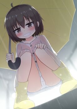 1girl ahoge blush boots brown_eyes brown_hair cameltoe cloud cloudy_sky coat collarbone crotch_seam fang flat_chest grey_coat grey_raincoat grin hand_on_own_knee highres holding holding_umbrella loli looking_at_viewer original panties rain raincoat rubber_boots short_hair short_sleeves sky smile squatting tai_ichi teeth umbrella underwear wet wet_clothes white_panties yellow_boots