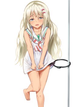 1girl bare_legs bare_shoulders black_panties blonde_hair blue_eyes blush bow breasts commentary_request curly_hair dark-skinned_female dark_skin dress dress_tug frown grecale_(kancolle) hair_bow highres kantai_collection lock long_hair looking_at_viewer neckerchief open_mouth panties pole red_bow restrained sailor_collar sailor_dress short_dress sleeveless sleeveless_dress small_breasts solo standing standing_on_one_leg striped_neckerchief tearing_up tears underwear very_long_hair wet wet_clothes wet_dress white_dress white_sailor_collar zuki