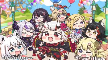6+girls :d ahoge aircraft aki_rosenthal aki_rosenthal_(1st_costume) animal_ear_fluff animal_ears azki_(4th_costume)_(hololive) azki_(hololive) balloon black_hair black_kimono blonde_hair blue_hair blue_shirt blue_sky blurry blurry_background blush_stickers boots chibi closed_eyes cloud commentary_request day demon_horns depth_of_field detached_sleeves double_bun dress fang fangs ferris_wheel fox_ears frilled_sleeves frills grey_hair grey_jacket hair_bun hat hololive horns hot_air_balloon jacket japanese_clothes jester_cap kimono la+_darknesss la+_darknesss_(1st_costume) lamppost long_hair long_sleeves mask mask_on_head mochimiko multicolored_hair multiple_girls nakiri_ayame nakiri_ayame_(1st_costume) official_art omaru_polka omaru_polka_(1st_costume) oni oni_mask ookami_mio ookami_mio_(1st_costume) open_mouth outdoors pink_dress pink_hair pleated_skirt purple_boots purple_dress purple_eyes purple_hair red_eyes red_hair sheep_ears sheep_girl sheep_horns shirakami_fubuki shirakami_fubuki_(1st_costume) shirt skirt sky small_sweatdrop smile streaked_hair sweat thighhighs tilted_headwear tsunomaki_watame tsunomaki_watame_(1st_costume) two-tone_hair two_side_up very_long_hair virtual_youtuber wavy_mouth white_skirt white_sleeves white_thighhighs wide_sleeves wolf_ears