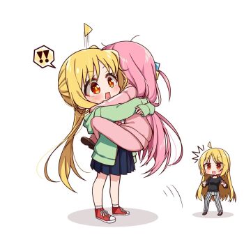 ! !! 3girls ahoge black_pants black_shirt black_skirt blonde_hair blush bocchi_the_rock! bra_strap brown_shoes chibi chibi_only chika_(06chimika13) commentary_request cube_hair_ornament gotoh_hitori green_jacket hair_ornament hood hood_down hooded_jacket ijichi_nijika ijichi_seika jacket loafers long_hair long_sleeves multicolored_pants multiple_girls open_clothes open_jacket open_mouth pants pink_hair pink_jacket pink_pants pink_track_suit red_eyes red_shoes shirt shoes side_ponytail simple_background skirt sneakers socks speech_bubble spoken_exclamation_mark striped_clothes striped_pants track_jacket track_pants track_suit two-tone_pants vertical-striped_clothes vertical-striped_pants white_background white_pants white_socks