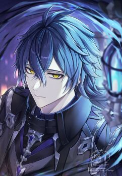 1boy absurdres antenna_hair black_capelet black_shirt blue_fire blue_gemstone blue_hair capelet closed_mouth collared_capelet commentary_request crossed_bangs double-parted_bangs fire flins_(genshin_impact) gem genshin_impact high_collar highres lantern looking_at_viewer male_focus nyamaso portrait shirt solo watermark yellow_eyes