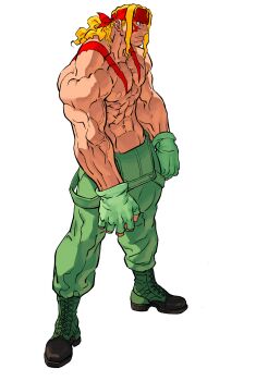 Rule 34 | 1boy, alex (street fighter), blonde hair, blue eyes, bodypaint, boots, closed mouth, facepaint, fingerless gloves, from side, frown, game cg, gloves, green gloves, green overalls, headband, highres, long hair, long sidelocks, male focus, muscular, nishimura kinu, non-web source, official art, overalls, ponytail, red headband, sidelocks, simple background, solo, standing, street fighter, street fighter iii (series), topless male, veins, veiny arms, white background