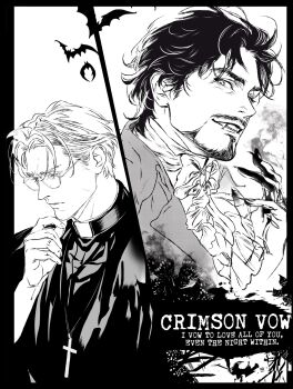 Rule 34 | 2boys, alternate universe, ascot, avengers (series), bat (animal), black border, border, commentary, couple, cross, cross necklace, english commentary, english text, facial hair, fang, fingernails, glasses, greyscale, grin, halloween, highres, jewelry, looking at viewer, looking to the side, male focus, malkogromit, marvel, monochrome, multiple boys, necklace, parted lips, priest, sharp fingernails, short hair, smile, steve rogers, tony stark, upper body, vampire, yaoi