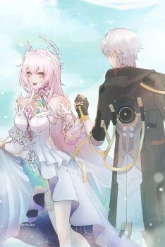 Rule 34 | 1boy, 1girl, black coat, caelus (honkai: star rail), coat, collarbone, commentary, cyrene (demiurge) (honkai: star rail), cyrene (honkai: star rail), diamond-shaped pupils, diamond (shape), dress, english commentary, flower, gloves, grey hair, highres, holding hands, honkai: star rail, honkai (series), hood, hooded coat, long hair, multicolored eyes, open mouth, partially fingerless gloves, pink hair, pointy ears, pulin zero, symbol-shaped pupils, trailblazer (honkai: star rail), twitter username, very long hair, wheat, white dress