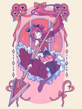 Rule 34 | 1girl, ;), absurdres, antenna hair, bare shoulders, black bow, black thighhighs, blush, boots, bow, brown sleeves, closed mouth, commentary request, detached sleeves, dress, floating hair, full body, hair bow, hair floating upwards, highres, holding, holding polearm, holding weapon, huge weapon, knee boots, long hair, long sleeves, looking at viewer, mahou shoujo madoka magica, mahou shoujo madoka magica (anime), one eye closed, polearm, red boots, red dress, red eyes, red hair, ruru (rurumagi), sakura kyoko, sakura kyoko (magical girl), sleeveless, sleeveless dress, smile, solo, spear, thighhighs, weapon, zettai ryouiki