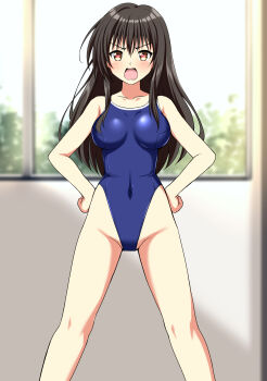 1girl absurdres black_hair blue_one-piece_swimsuit blurry blurry_background blush breasts brown_eyes commentary_request commission covered_navel depth_of_field frown hands_on_own_hips highleg highleg_one-piece_swimsuit highres indoors kotegawa_yui large_breasts looking_at_viewer one-piece_swimsuit open_mouth partial_commentary pixiv_commission school_swimsuit solo standing swimsuit to_love-ru zanntetu