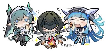 >_< 3girls arknights arknights:_endfield arrow_(symbol) bell black_dress black_hair black_veil blue_hair chibi chibi_only chopsticks closed_eyes closed_mouth dress endministrator_(arknights) eye_mask feeding female_endministrator_(arknights) fire flying_sweatdrops full_body gameplay_mechanics hair_bell hair_ornament hat highres holding holding_chopsticks horns last_rite_(arknights) long_hair mask multiple_girls mushroom open_mouth pointy_ears ro0o003 short_hair smile sparkle standing sweat tearing_up translation_request veil very_long_hair white_background white_hat xaihi_(arknights)