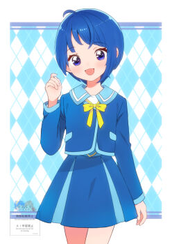 Rule 34 | 1girl, :d, alternate hair length, alternate hairstyle, argyle background, blue eyes, blue hair, blue jacket, blue skirt, bow, bowtie, cowboy shot, hand up, hirogaru sky! precure, jacket, kyanos (b 0000ff), looking at viewer, open mouth, precure, shirt, short hair, skirt, smile, solo, sora harewataru, standing, watermark, yellow bow, yellow bowtie