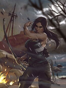 1girl bare_tree bow_(weapon) breasts brown_eyes brown_hair brown_pants campfire drawing_arrow grey_tank_top highres holding holding_bow_(weapon) holding_weapon illyne_cosplay lara_croft long_hair medium_breasts outdoors pants ponytail quiver rain ship solo standing storm tank_top tomb_raider tree watercraft weapon