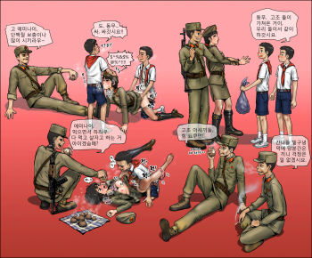 1girl ak-47 assault_rifle blush boots boy_scout doggystyle fellatio female_soldier from_behind gangbang gogocherry group_sex gun highres kalashnikov_rifle korean multiple_boys north_korean oral orgy panties rifle scout_movement sex sex_from_behind shota soldier spitroast straight_shota sweat thighhighs translated underwear weapon woman_soldier