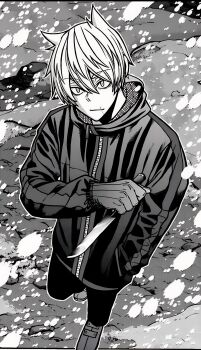 absurdres full_body hagure_nekosaki highres jacket knife looking_at_viewer manga_illustration smile snow tougen_anki