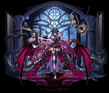 Rule 34 | 2girls, absurdres, asymmetrical legwear, bare back, bare shoulders, black dress, black hair, black horns, black thighhighs, blue eyes, breasts, chinese commentary, cleavage, colored inner hair, commentary request, dragon girl, dragon horns, dragon tail, dragon wings, dress, elbow gloves, from behind, gloves, hair between eyes, hair intakes, heterochromia, highres, horns, huge breasts, indoors, magic, mismatched legwear, multicolored gloves, multicolored hair, multiple girls, original, portrait, praying, red dress, red eyes, red hair, slit pupils, streaked hair, tail, thighhighs, torn wings, two-tone gloves, two-tone hair, variant set, white gloves, white hair, wide hips, wings, yue huang qing vassago