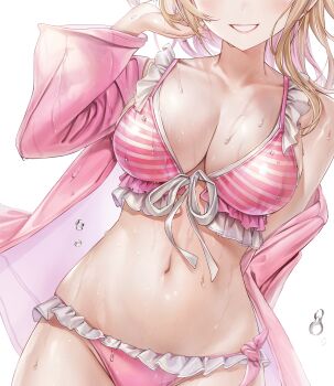 1girl absurdres arm_behind_back bikini blonde_hair breasts cleavage commentary_request dripping eyes_out_of_frame head_out_of_frame highres jacket jacket_partially_removed kurumi_noah kurumi_noah_(summer_c102) large_breasts navel pink_bikini pink_jacket simple_background smile solo stomach striped_bikini striped_clothes sweat swimsuit virtual_youtuber vspo! white_background yahiro_(heartseek000)