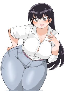 1girl arato_nagi belt black_hair blue_pants blush breasts button_gap cleavage denim earrings grey_eyes hand_on_own_chest hand_on_own_hip high-waist_pants jeans jewelry large_breasts long_hair open_mouth pants plump ruri_no_houseki shirt smile solo standing thick_thighs thighs toyishiki_shizuoka white_background white_shirt wide_hips