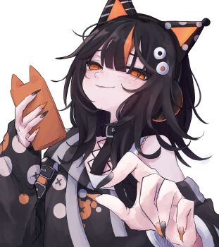 1girl animal_ear_headphones animal_ears black_collar black_hair black_nails black_sweater cat_ear_headphones cat_ears collar commentary fake_animal_ears fingernails headphones highres holding holding_phone long_hair long_sleeves looking_at_viewer mahou_shoujo_no_majo_saiban multicolored_hair nail_polish nerx75 orange_eyes orange_nails phone sawatari_coco sharp_fingernails simple_background slit_pupils smile solo streaked_hair sweater upper_body white_background