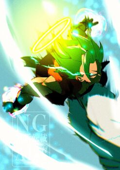 1boy black_vest blonde_hair dragon_ball dragonball_z eye_trail glowing glowing_eyes gogeta green_eyes halo highres light_trail male_focus medium_hair muscular muscular_male no_shirt pants shadow solo spiked_hair stktik09060906 super_saiyan super_saiyan_1 vest watermark white_pants yellow_halo
