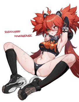 1girl absurdres ahoge animal_ears armpits arms_behind_head bear_ears black_panties black_shoes black_socks blush breasts clenched_teeth crop_top english_text eyepatch fake_animal_ears flame_print full_body hasu_no_shiro highres kneehighs koleda_belobog long_hair medium_breasts navel one_eye_covered panties red_hair shoes simple_background socks solo spread_legs sweat teeth underwear white_background zenless_zone_zero
