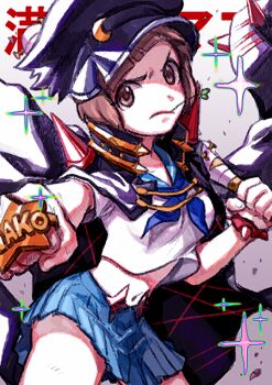 Rule 34 | 10s, 1girl, banchou, baseball bat, blue sailor collar, blue skirt, bob cut, brass knuckles, brown eyes, brown hair, cape, delinquent, female focus, hat, hum (fpswp777), kill la kill, mankanshoku mako, midriff, navel, sailor collar, school uniform, serafuku, short hair, sketch, skirt, solo, spoilers, weapon