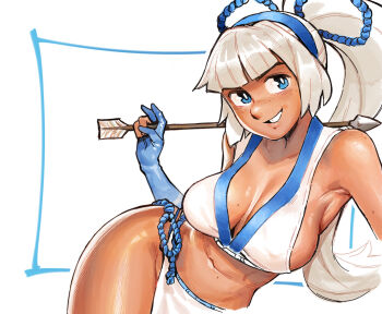 Rule 34 | 1girl, armpits, arrow (projectile), bare shoulders, blue eyes, blue gloves, blue hairband, blue ribbon, body freckles, breasts, cleavage, commentary, crop top, dark-skinned female, dark skin, effy neprin, freckles, gloves, grin, hair ribbon, hairband, holding, holding arrow, japanese clothes, large breasts, long hair, looking at viewer, majikina mina, mole, mole on breast, navel, partially fingerless gloves, partly fingerless gloves, ponytail, ribbon, samurai spirits, sidelocks, smile, solo, white hair, yugake
