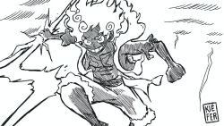 2boys abs age_difference alternate_form animated attack beard black_hair bracelet clothes_down club club_(weapon) crazy_eyes crazy_smile creepy cross_scar devil_fruit dragon dragon_boy dragon_horns electricity epic facial_hair fighting flying gear_fifth giant greyscale holding holding_weapon horns incoming_attack japanese_clothes jewelry jumping kaidou_(one_piece) kanabou kiecaburn kimono large_pectorals laughing long_hair looking_at_another male_focus monkey_d._luffy monochrome monsterification multiple_boys muscular mustache night night_sky one_piece pectorals scales scar scar_on_stomach sharp_teeth short_hair sky smile spiked_bracelet spikes spoilers teeth thunder topless_male transformation video weapon