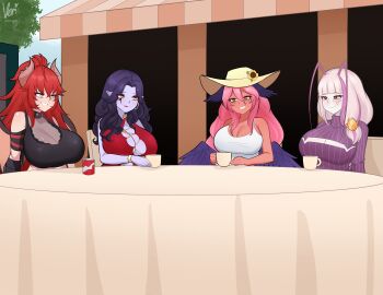 4girls absurdres antennae arthropod_girl black_shirt breasts cleavage cleavage_cutout clothing_cutout cockroach_girl colored_skin commentary cup dragon_girl dragon_horns dragon_wings dress english_commentary facial_mark grin hat head_wings highres horn_piercing horns huge_breasts indie_virtual_youtuber large_breasts long_hair makeup matara_kan matara_kan_(casual) mature_female monster_girl mug multicolored_hair multiple_girls outdoors pink_hair pointy_ears ponytail purple_hair purple_skin purple_sweater red_dress red_eyes red_hair revealing_clothes runny_makeup see-through_cleavage see-through_clothes shirt side_ponytail sitting smile snake_girl socks_agency streaked_hair sun_hat sweater table tank_top trickywi turtleneck turtleneck_sweater veridraws vexoria_the_sun_eater vexoria_the_sun_eater_(7th_costume) virtual_youtuber white_tank_top wings yellow_eyes zentreya