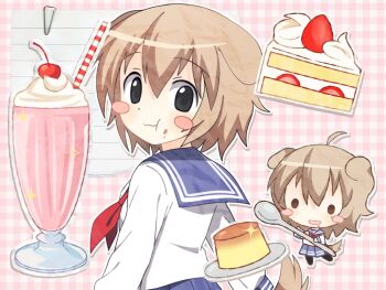 1girl animal_ears black_eyes blush_stickers brown_hair cake cake_slice chibi chibi_inset commentary dog_ears dog_girl dog_tail english_commentary food food_on_face from_behind highres holding holding_spoon long_sleeves looking_at_viewer looking_back milkshake neckerchief onlinepetclub original oversized_spoon plaid_background pleated_skirt pudding school_uniform serafuku short_hair skirt spoon strawberry_shortcake tail wanwan_(onlinepetclub)