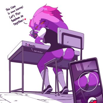 1girl :3 animated animated_gif arrow_(symbol) artist_name ass ass_shake black_dress black_shoes blush breasts cameltoe camera cellphone chair colored_sclera colored_skin desk diives dress english_text female_focus from_behind full_body gen_4_pokemon hair_between_eyes half-closed_eyes hand_up heart highres holding holding_phone kneehighs looking_back looking_to_the_side looping_animation medium_breasts mismagius nintendo no_humans open_mouth panties personification phone poke_ball poke_ball_(basic) pokemon pokemon_(creature) pokemon_go purple_hair purple_skin red_eyes school_desk school_uniform shirt shoes short_dress short_sleeves signature simple_background sitting sleeveless sleeveless_dress smile socks solo talking text_focus underwear upskirt white_background white_panties white_shirt white_socks yellow_sclera