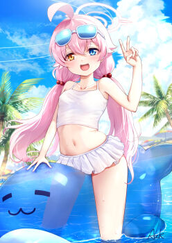 1girl ahoge aqua_jacket azk2fa bare_shoulders beach beach_umbrella bikini blue_archive blue_sky blurry blurry_background blush breasts cloud collarbone cumulonimbus_cloud eyewear_on_head flower frilled_bikini frills hair_flower hair_ornament halo heterochromia highres hoshino_(blue_archive) hoshino_(swimsuit)_(blue_archive) jacket jacket_partially_removed looking_at_viewer low_twintails navel official_alternate_costume open_clothes open_jacket open_mouth outdoors pink_hair pink_halo sky small_breasts solo stomach sunglasses sweatdrop swimsuit thighs twintails umbrella v white_bikini