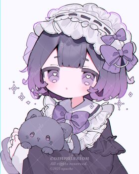 1girl :o animal black_hair black_shirt blunt_bangs blush bow bowtie cat collared_shirt commentary commission contrast_collar double-parted_bangs frilled_hairband frilled_shirt_collar frills gradient_hair hairband highres holding holding_animal long_sleeves multicolored_hair open_mouth original purple_bow purple_bowtie purple_eyes purple_hair sample_watermark shirt short_hair simple_background solo sparkle upa_papa_co upper_body watermark watermark_grid white_background white_hairband